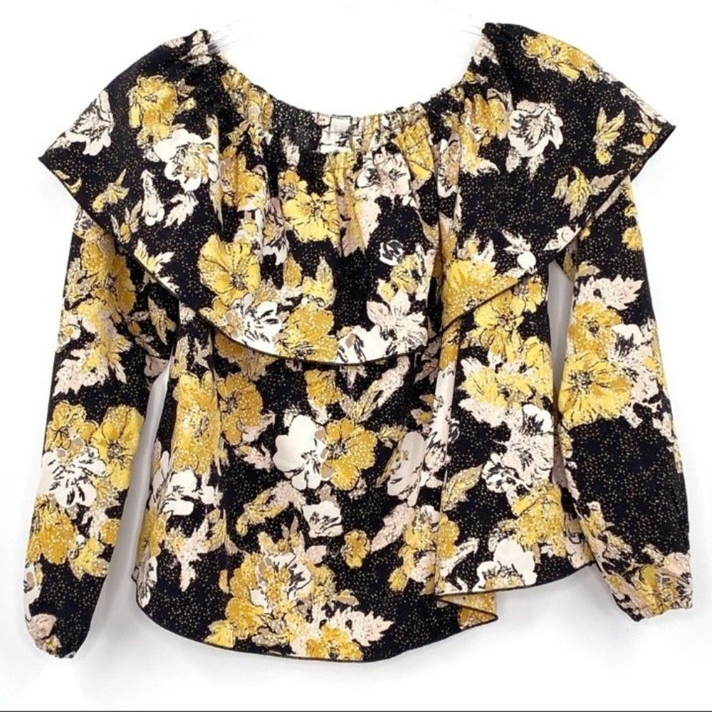 Aritzia Wilfred Yellow & Black Floral Ruffle Off Shoulder Blouse Textured Sz XXS